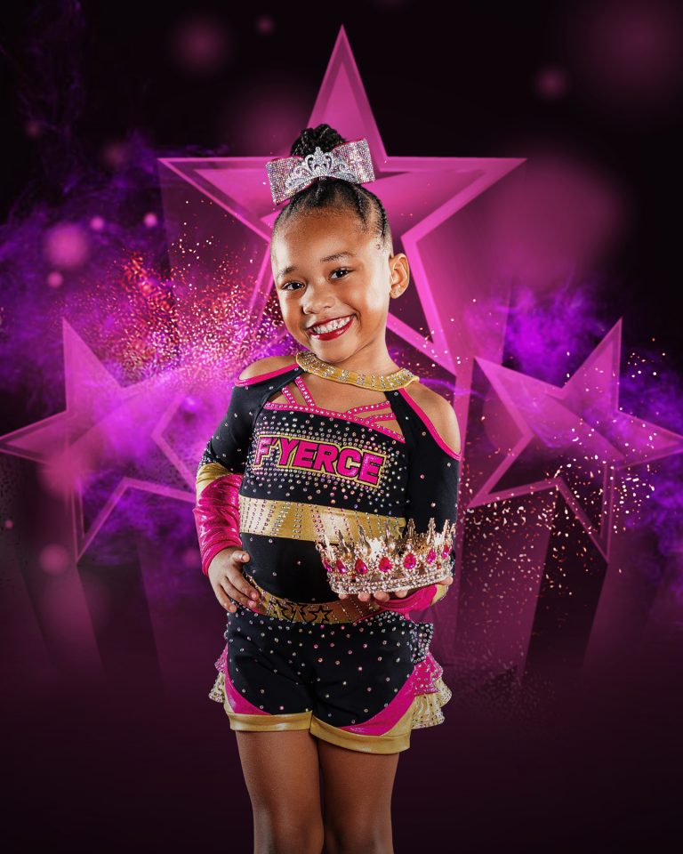All star cheerleader on a digital background at her cheer gym's photo day.