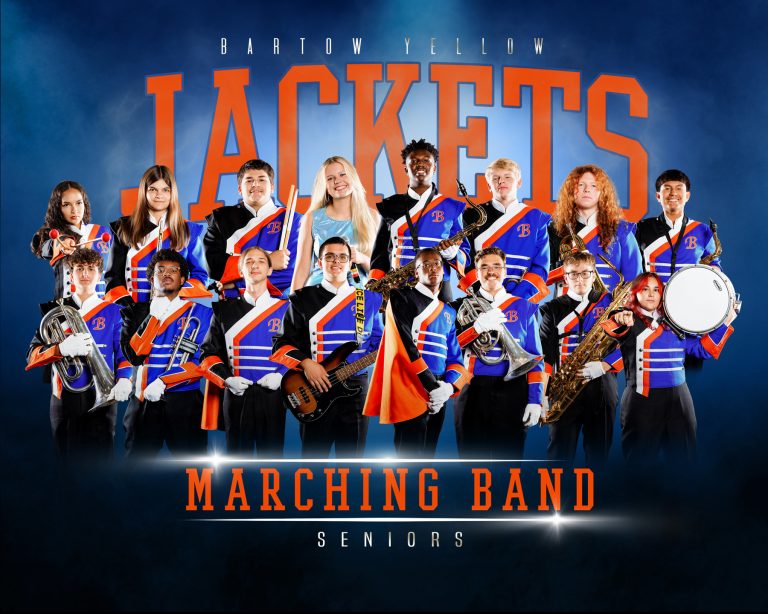 group of marching band seniors on a team banner digital design