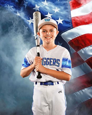 young baseball player in front of an american flag digital background taken by bc visuals