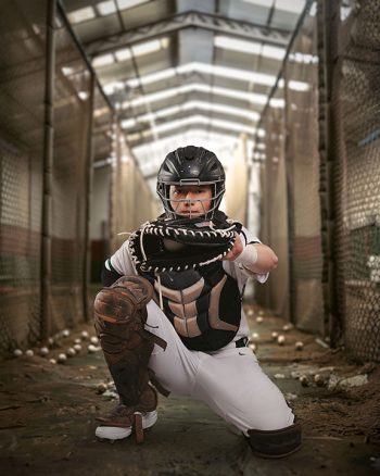 central florida baseball catcher posing on batting cage digital background