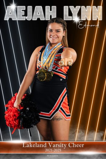 Lakeland high school cheer senior banner featuring chapmionship rings and medals