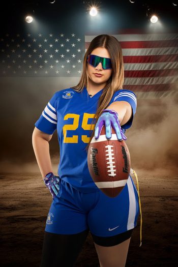 female flag football player wearing sunglasses, gloves, and flags in front of a digital american flag backdrop