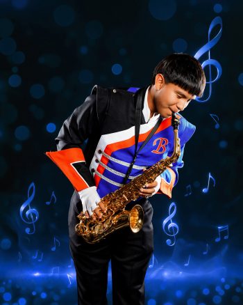 Marching band saxophone player photographed by bc visuals for senior banners