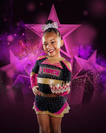 All star cheerleader on a digital background at her cheer gym's photo day.