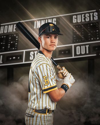 baseball player with a bat on his shoulder in front of a digital scoreboard background
