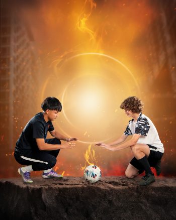 soccer player buddy photo soccer ball campfire pose