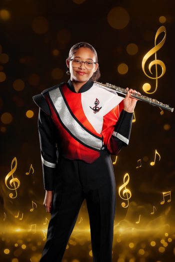 high school marching band flute player photographed for marching band composite