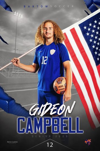 bartow high school soccer senior banner holding soccer ball and american flag