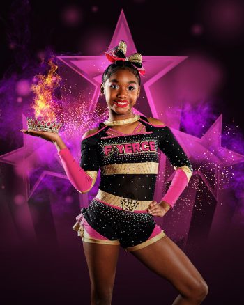 Cheerleader posing with flaming tiara on a digital background in central florida