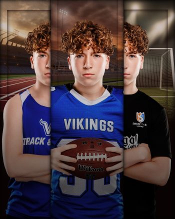 Lakeland tri-athlete digital sports banner representing track, football, and soccer