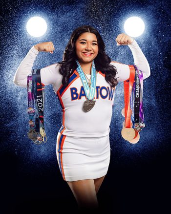 bartow, florida cheerleader posing with medals on a digital background