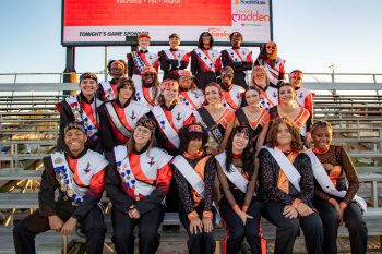 Group of marching band seniors on taken on senior night in lakeland, florida