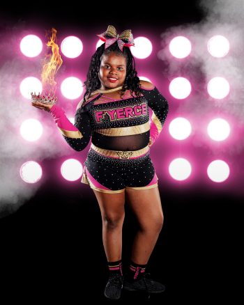 all star cheer pose with flaming tiara on a digital background in winter haven florida