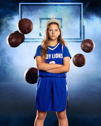 middle school basketball player wearing a tiara posing on a digital background