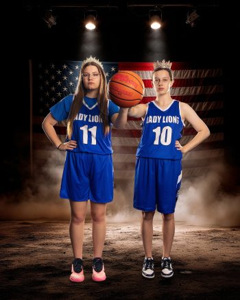 Sibling buddy pose for basketball taken at school sports photo day in Lakeland, fl