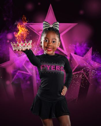 Young all star cheerleader holding a digital flame tiara on photo day.