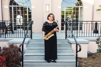 High school senior marching band portrait in downtown Lakeland, florida