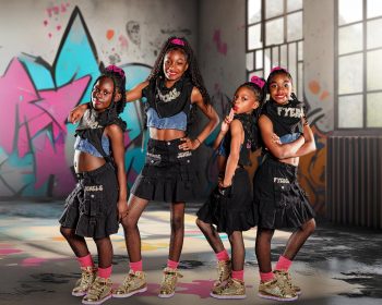 Hip hop dance group pose on a digital background taken at an all star cheer gym, winter haven, florida