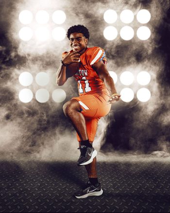 football player team media day Heisman pose on a digital background